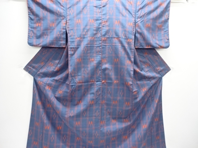 JAPANESE KIMONO / ANTIQUE ENSEMBLE KIMONO / SILK / TSUMUGI / WOVEN GRID & KASURI PATTERN